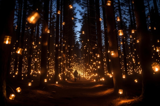 una persona caminando por un bosque lleno de linternas