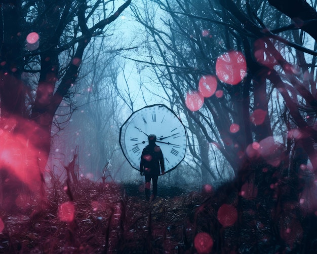 una persona caminando por un bosque oscuro con un gran reloj