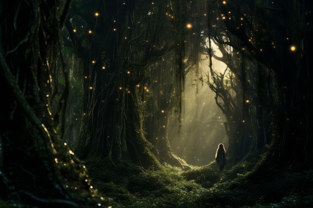 una persona caminando por un bosque oscuro con luciérnagas