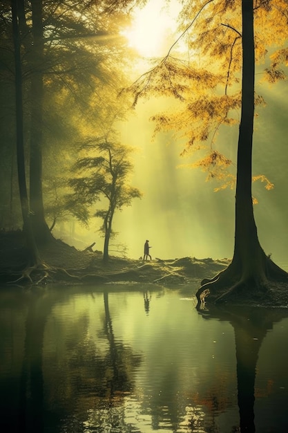 Una persona caminando en un bosque con el sol brillando a través de los árboles.