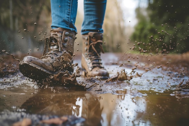 Persona caminando con botas fangosas y salpicando charco