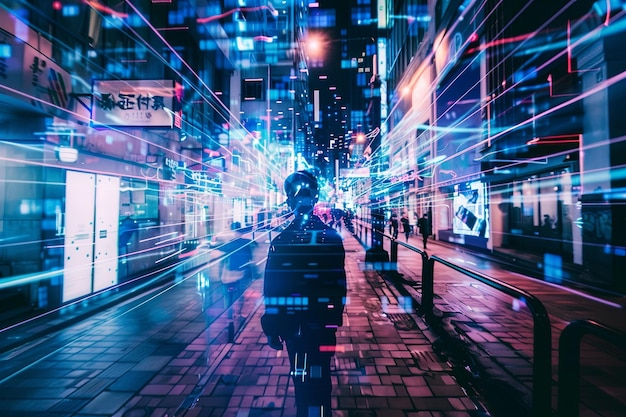 Foto persona caminando por la calle de la ciudad por la noche