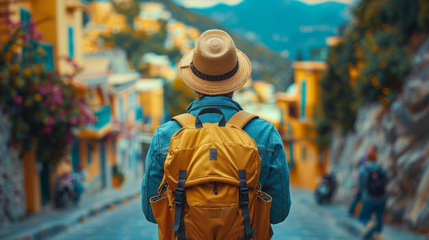 Persona caminando por la calle con una mochila de IA generativa