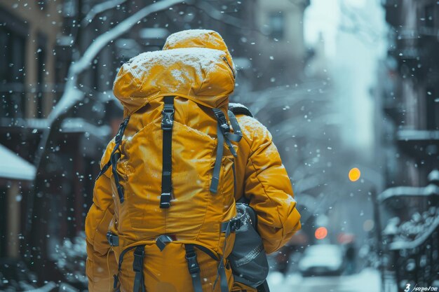 Foto persona caminando por la calle nevada con una mochila