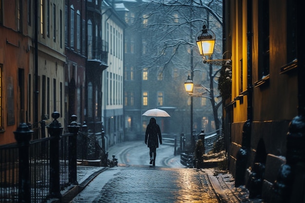 Una persona caminando por la calle con un paraguas.