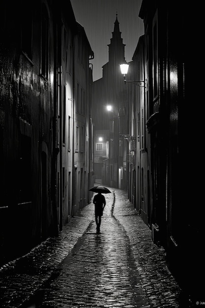 Una persona caminando por un callejón oscuro con un paraguas.