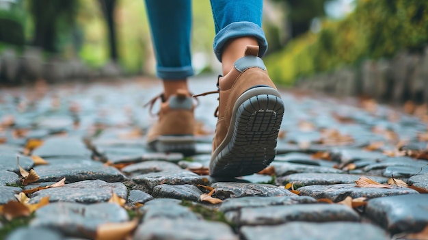 Una persona caminando por un camino de adoquines