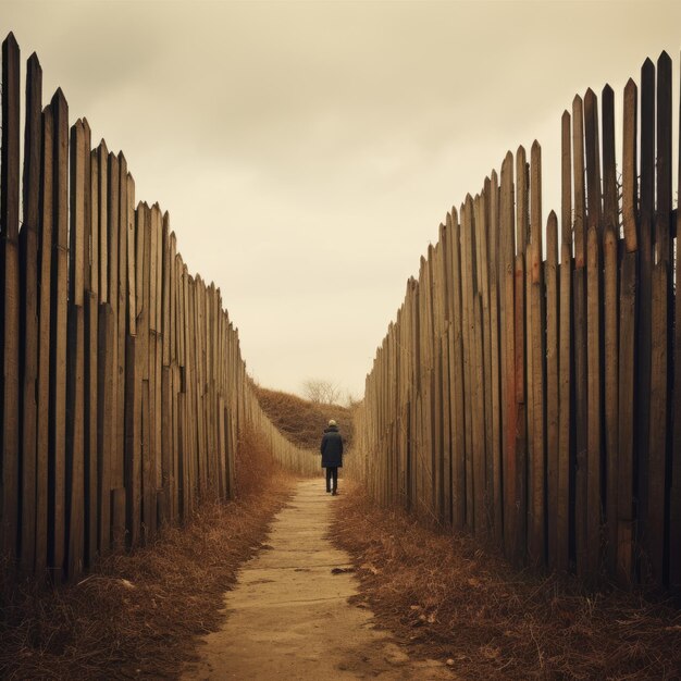 Foto una persona caminando por un camino entre altos postes de madera