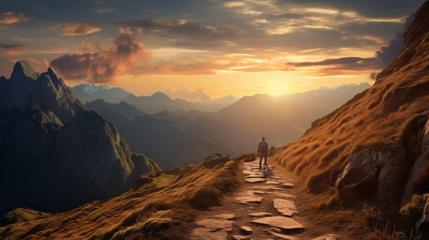 una persona caminando por el camino con montañas en el fondo