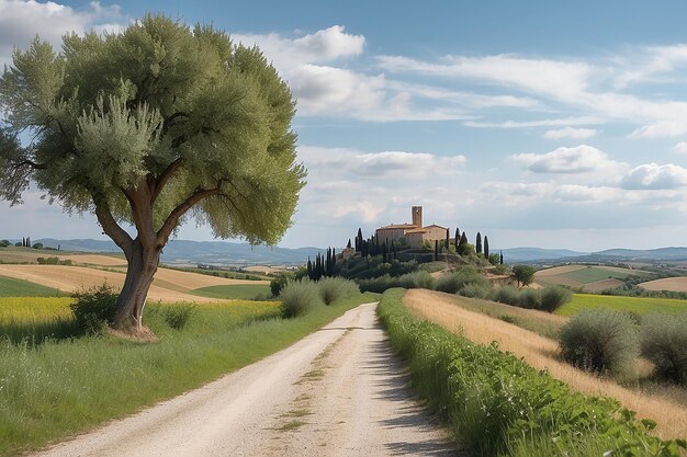 Foto una persona caminando por una carretera de campo en bagno vignoni en la toscana, italia, una vista única de rocca dorcia