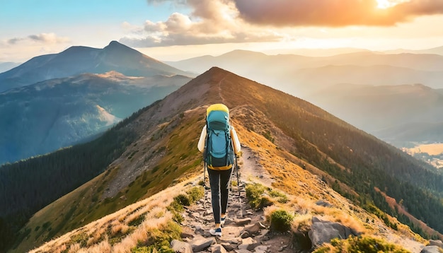 Persona caminando cuesta arriba con mochila en la montaña IA generativa