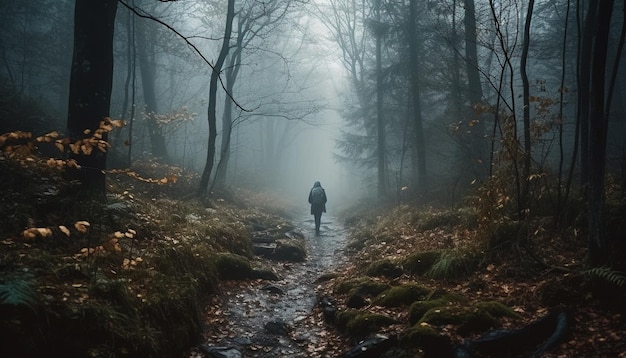 Una persona caminando en un espeluznante bosque de niebla generado por IA