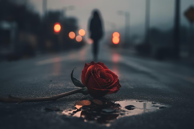 Una persona caminando bajo la lluvia con una rosa roja en el suelo.