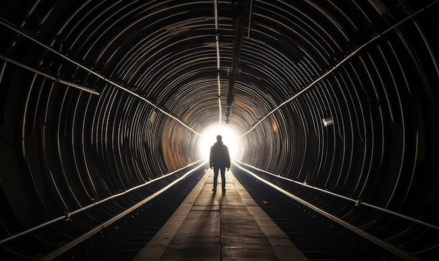 Una persona caminando hacia la luz al final de un túnel de tren diseña