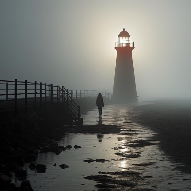 Foto una persona caminando en un muelle con un faro en el fondo