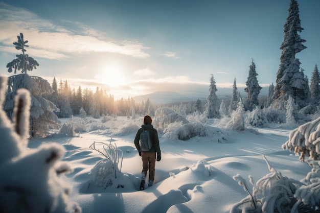 Persona caminando por un paisaje nevado y disfrutando de la vista helada
