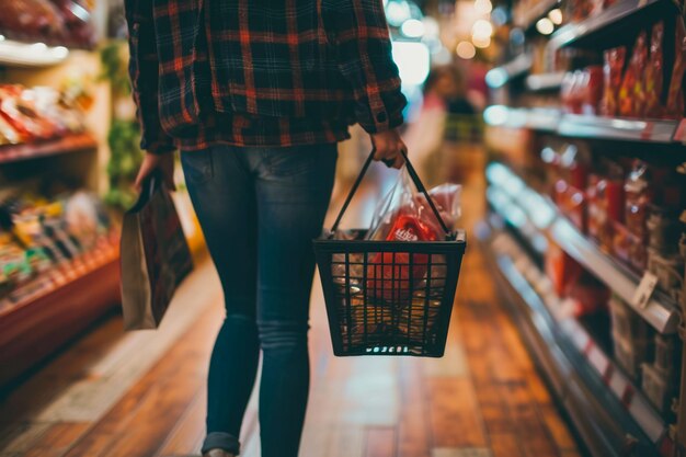 Foto persona caminando por un pasillo con una canasta de compras en la mano y un bolso en el hombro