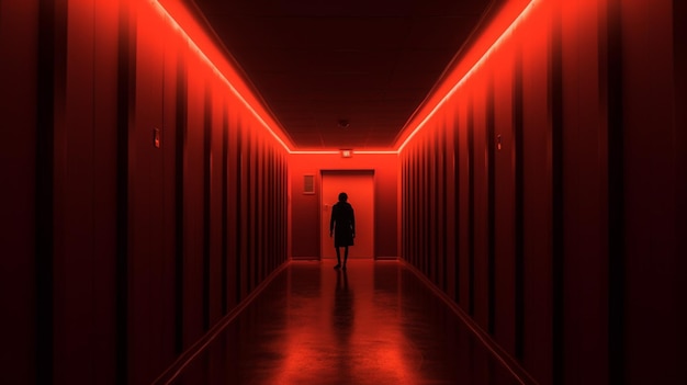 Una persona caminando en un pasillo oscuro con un rojo