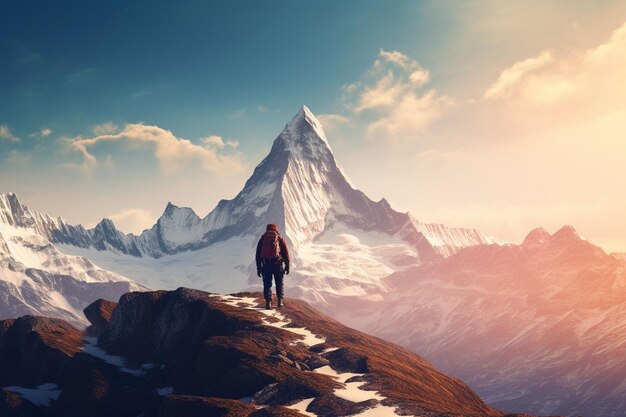 Una persona caminando hacia un pico de montaña lejano Generativo ai