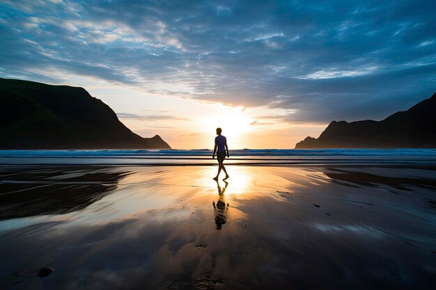 Una persona caminando por la playa al atardecer.