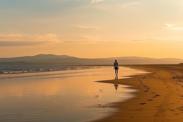 Persona caminando por la playa dorada y admirando las vistas creadas con ai generativo