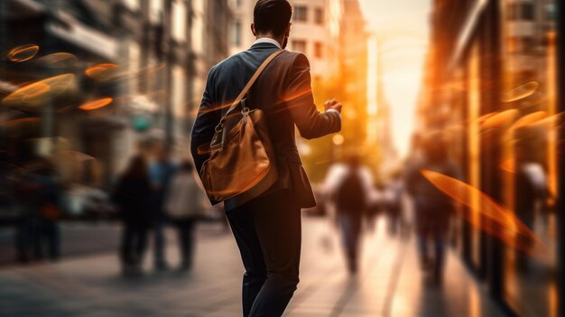 Foto persona caminando por un puente al atardecer hombre de negocios caminando por la calle con efecto desfocado lifgt