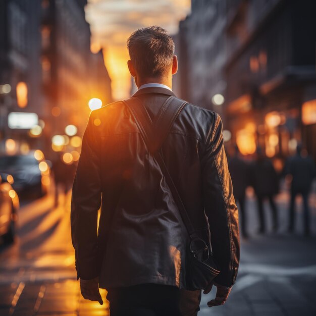 persona caminando por un puente al atardecer hombre de negocios caminando por la calle con efecto desfocado lifgt