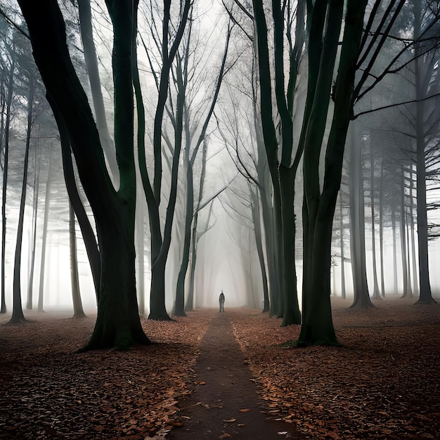 Una persona caminando por un sendero en un bosque de niebla