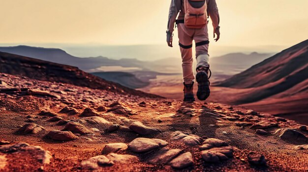 Una persona caminando sobre una montaña con un atardecer de fondo