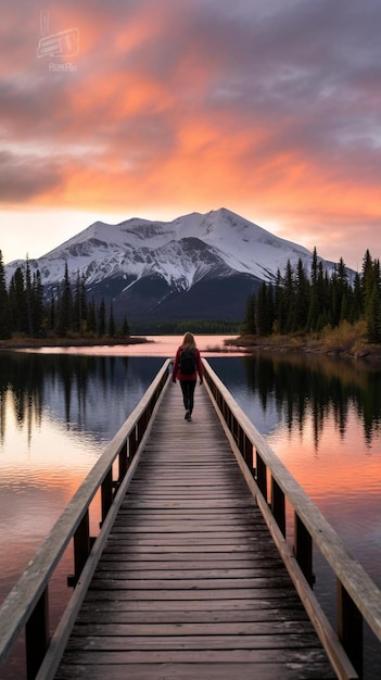 Foto una persona caminando sobre un puente de madera sobre un lago