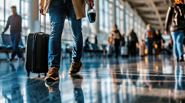 Persona caminando por una terminal del aeropuerto llevando una maleta y una taza de café con otros viajeros en el fondo