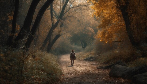 Una persona caminando en un tranquilo bosque otoñal generado por IA