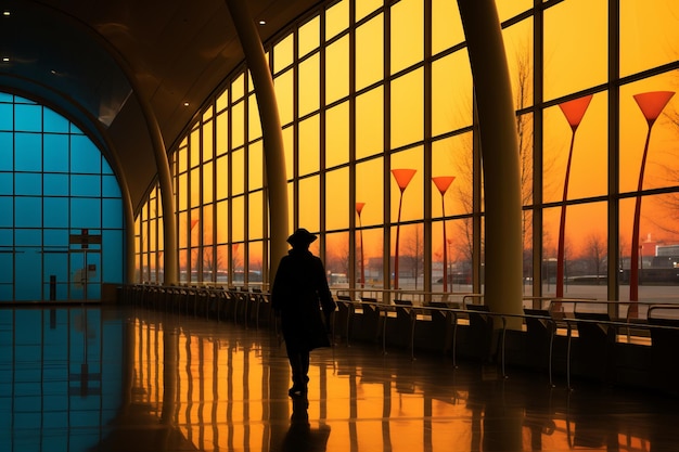 una persona caminando a través de un aeropuerto con grandes ventanas