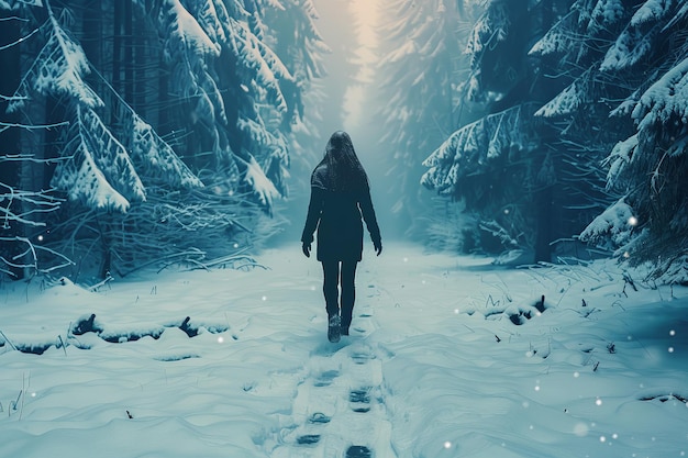 Foto una persona está caminando a través de un bosque nevado