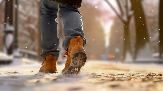 Foto persona caminando a través de una tormenta de nieve con hielo y nieve ia generativa