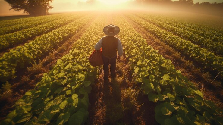 persona en el campo un agricultor mostrando con orgullo una canasta de frijoles recién cosechados AIGenerated