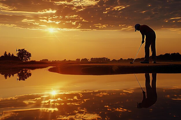 Una persona en un campo de golf al atardecer