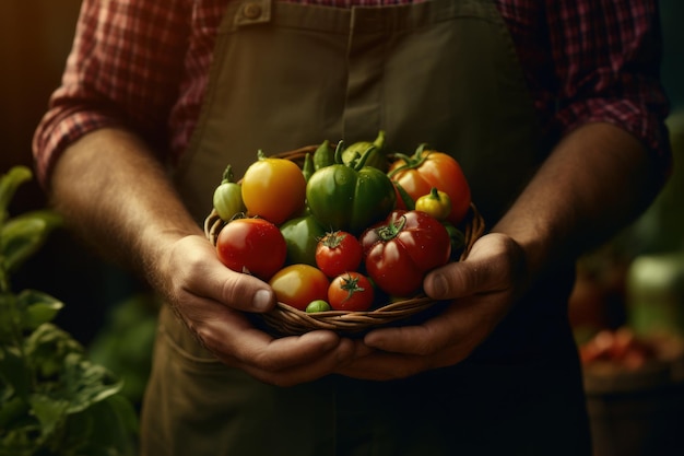 Foto persona con una canasta de tomates