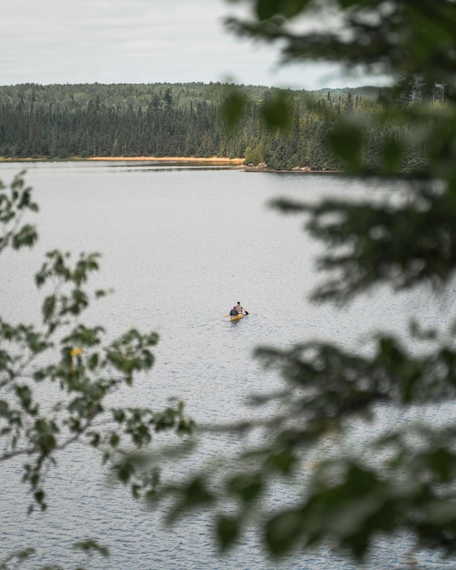 Foto una persona en una canoa está remando en un lago.