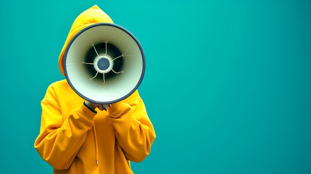 Foto persona con capucha amarilla anunciando un mensaje con megáfono en fondo turquesa contraste de colores brillantes y concepto de comunicación visual de moda con ai de espacio de copia