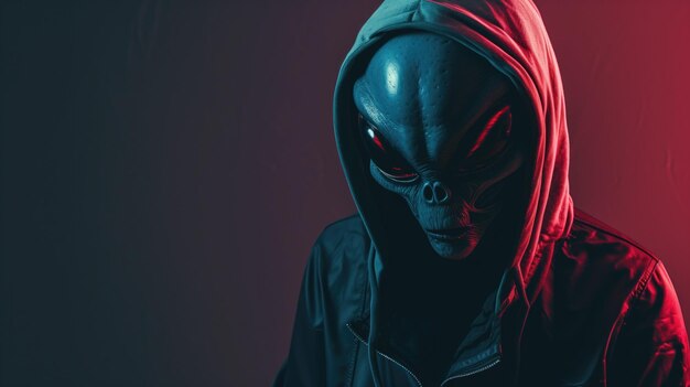 Persona con una capucha con una máscara alienígena en un entorno oscuro