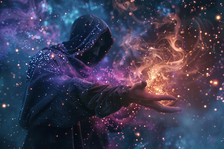 Foto una persona con una capucha que dice el universo
