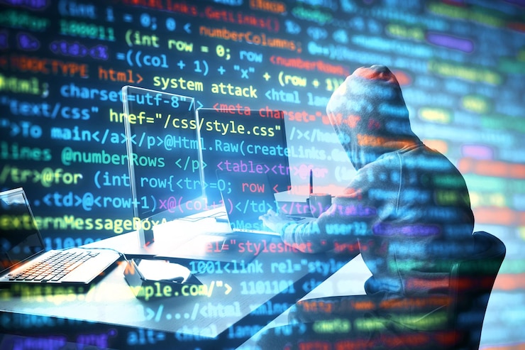 Foto persona con capucha trabajando en una computadora portátil con una superposición de código de programación que representa conceptos de ciberseguridad y hacking