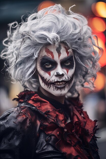 Foto una persona con una cara roja y blanca y una máscara roja en la cara