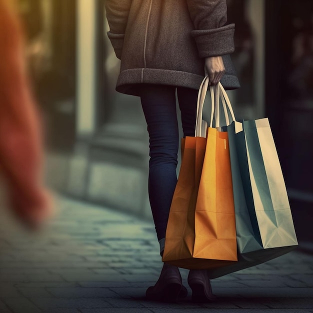 Una persona cargando bolsas de compras en una acera.