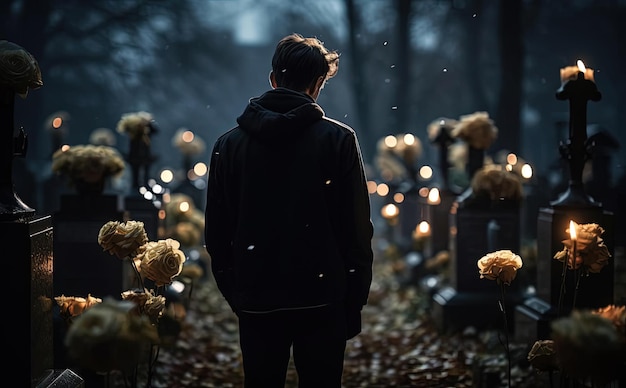 persona en un cementerio con flores en el fondo en el estilo de