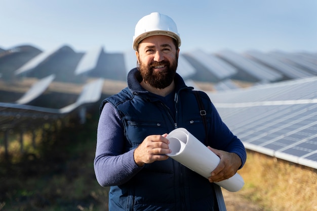 Foto persona cerca de la planta de energía alternativa