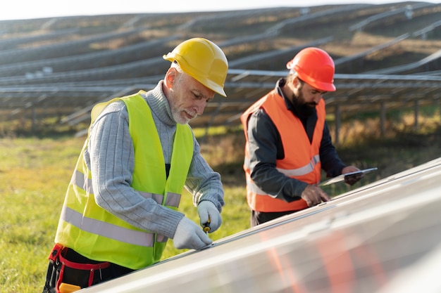 Foto persona cerca de la planta de energía alternativa