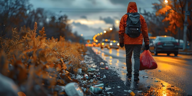 Una persona con un chaleco de seguridad limpiando la basura a lo largo de la carretera Concepto Medio ambiente Servicio comunitario Limpieza Seguridad en la carretera