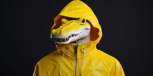 Una persona con una chaqueta amarilla con una cabeza de cocodrilo